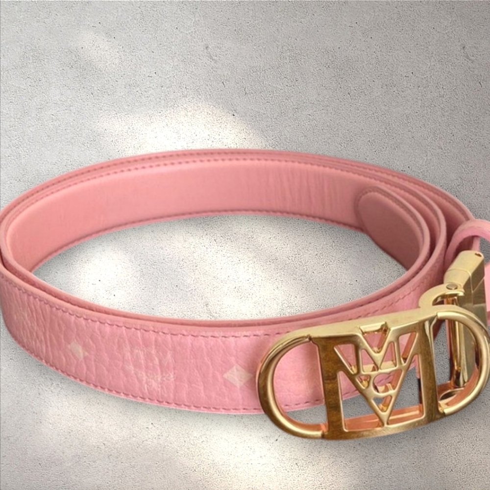 Pink MCM Belt Reversible With Gold Buckle